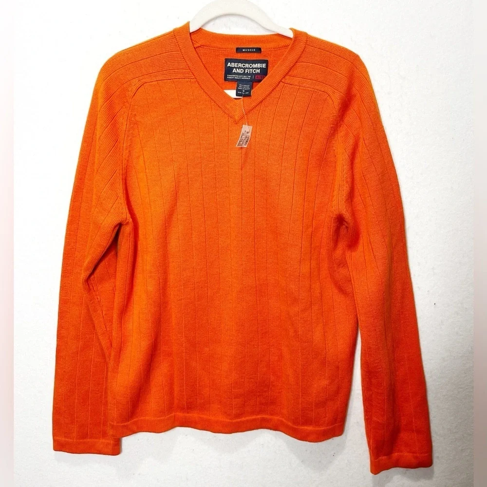 Abercrombie & Fitch Vintage Y2K Orange Stripe Knit Muscle V-Neck Sweater Medium